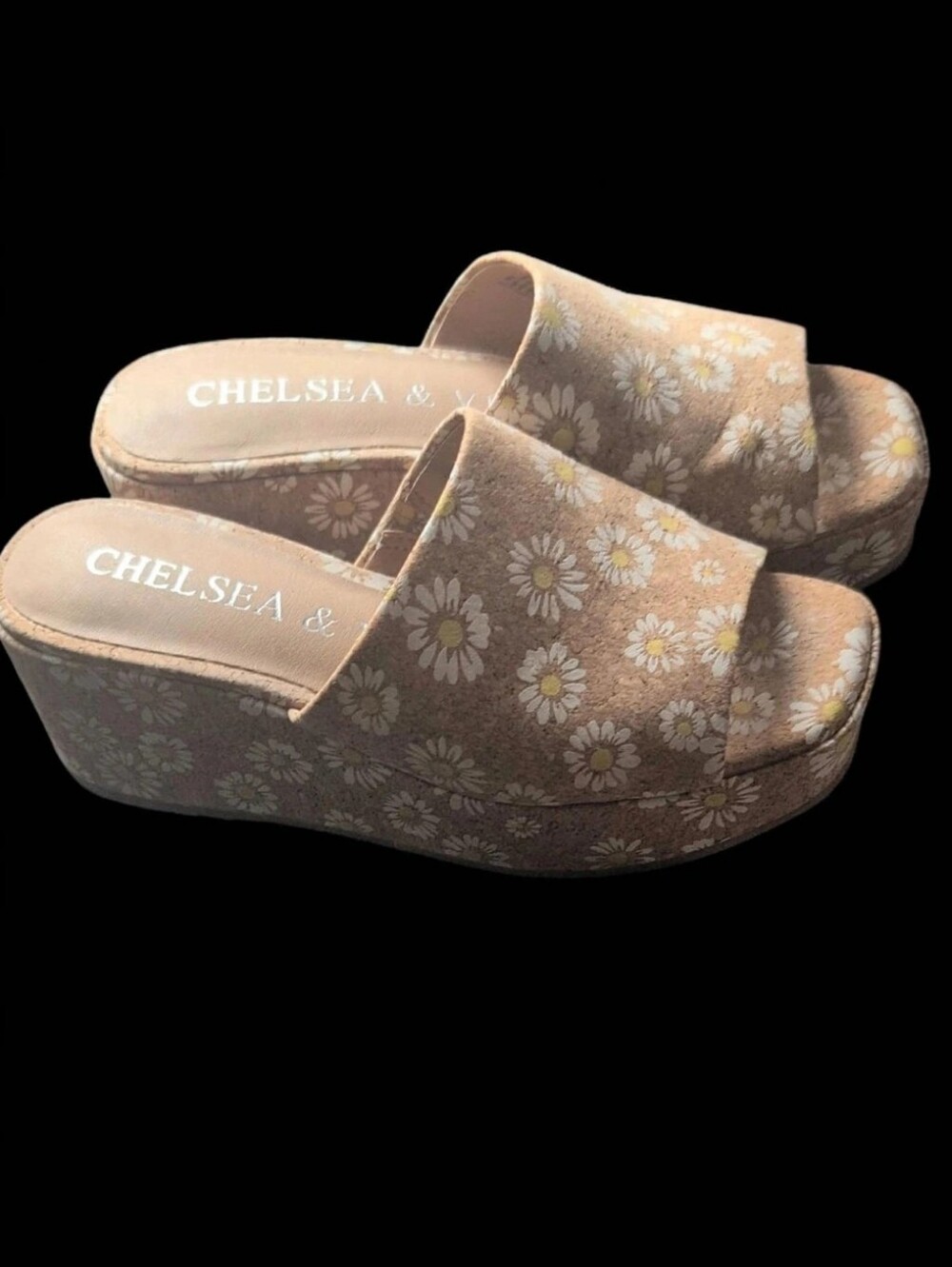 Chelsea & Violet daisy-patterned cork wedge heel.